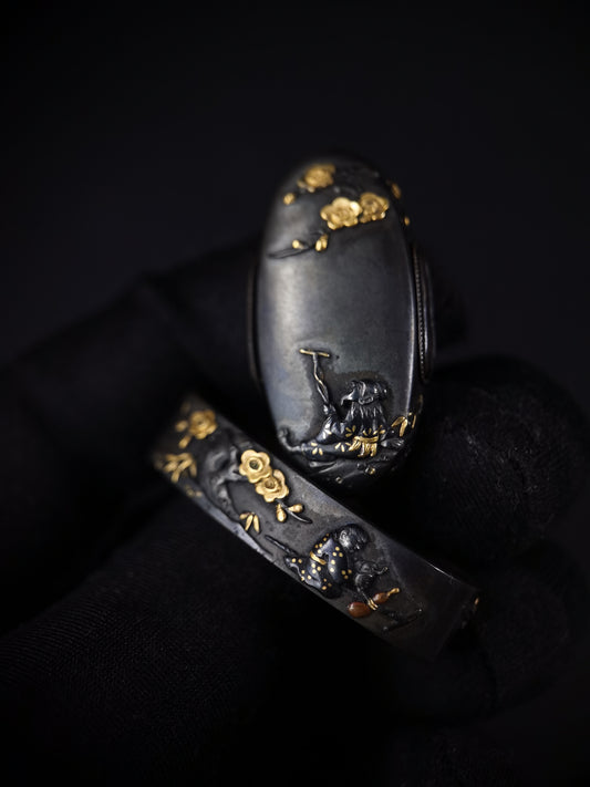 Japanese Iron Crutch Immortal Fuchi & Kashira for Katana and Wakziashi Edo Period Antique B128
