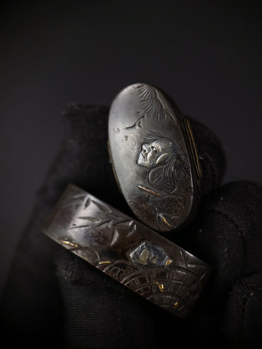 Japanese Sage Pattern Fuchi & Kashira for Katana and Wakziashi Edo Period Antique B130