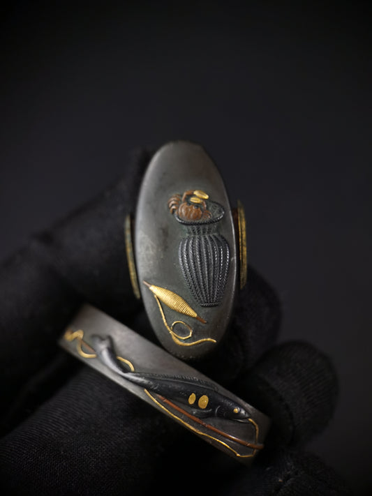 Japanese The harvest of fishing Fuchi & Kashira for Wakziashi Edo Period B131