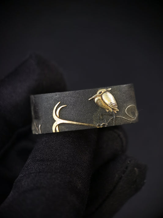 Japanese White Egret Waterside Scene Pattern Single Fuchi for Katana Wakziashi Edo Period Antique F185