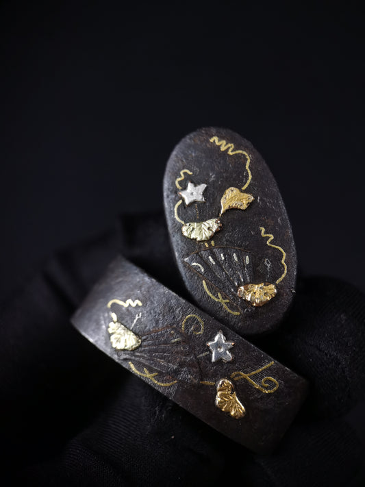 Japanese Fan and Morning Glory Fuchi & Kashira for Katana Wakziashi Edo Period B137