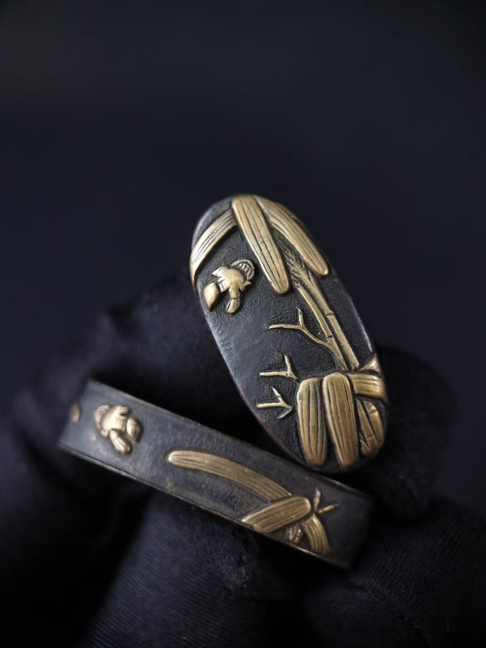 Japanese Bamboo Grove Flying Birds Fuchi & Kashira for Katana Meiji Period B139