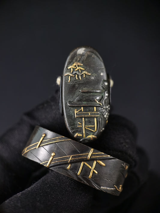 Japanese Moon and Water House Fuchi & Kashira for Katana Edo Period Antique B157