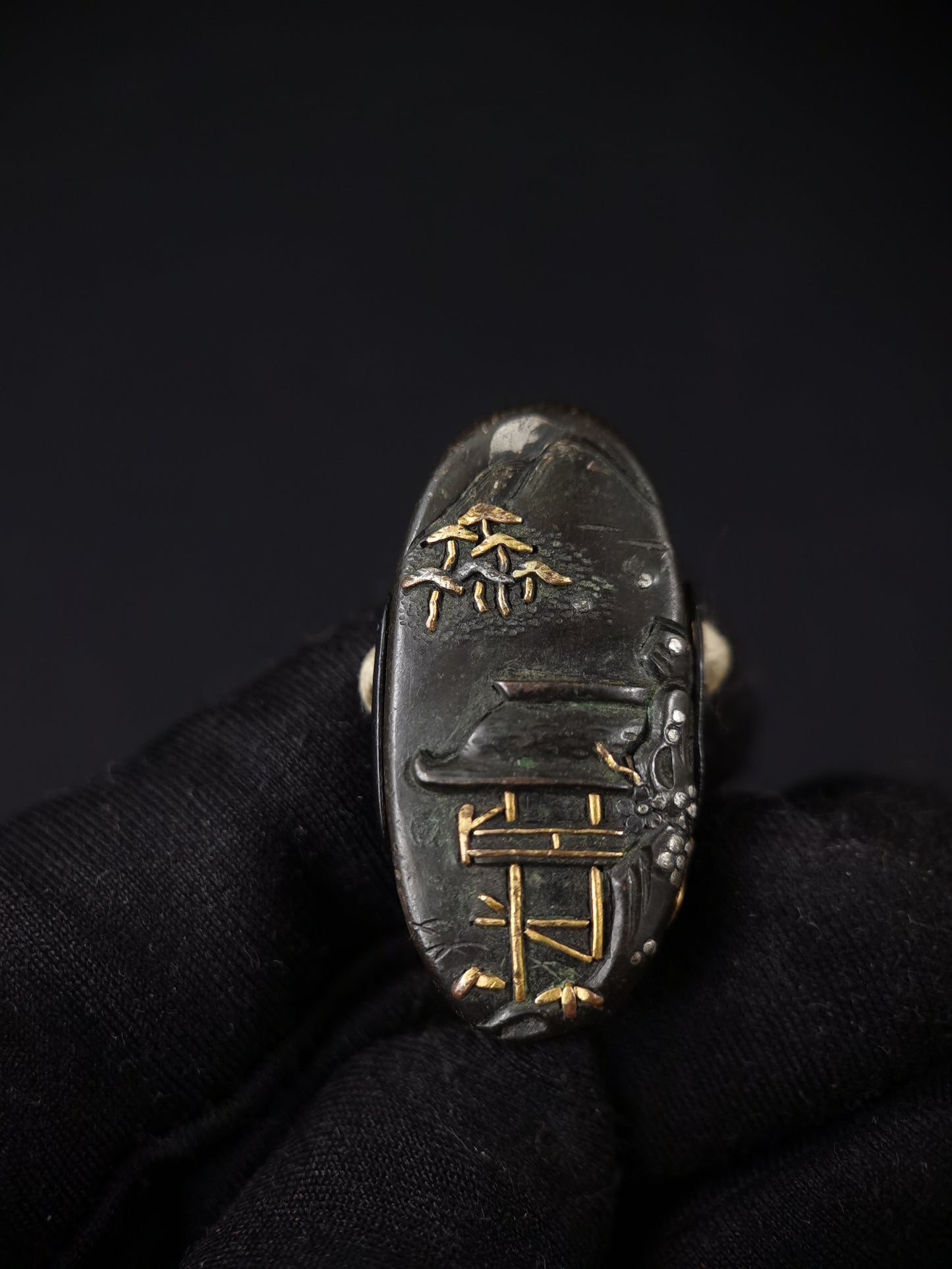 Japanese Moon and Water House Fuchi & Kashira for Katana Edo Period Antique B157