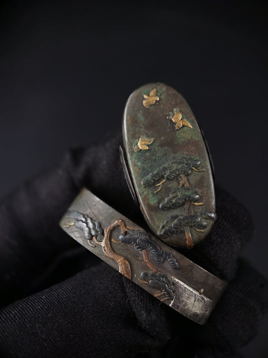 Japanese Pine tree sail and flying birds Fuchi & Kashira for Wakziashi B161