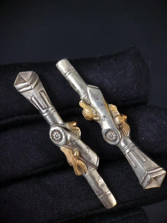 Japanese Type Resting Birds & Ancient Cannon Barrel Menuki for Katana Wakziashi Y054