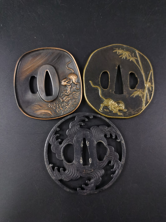 Japanese Near Morden Three Tsuba Special Offer for Katana,Tiger and Wave, A282
