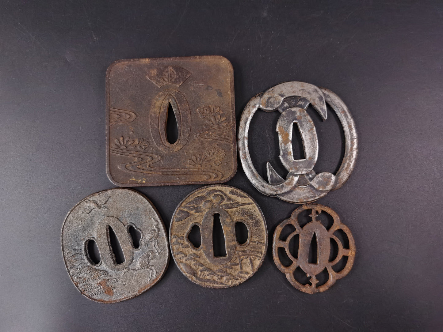 Japanese Near Morden Five Tsuba Special Offer,Chrysanthemum and water, A285