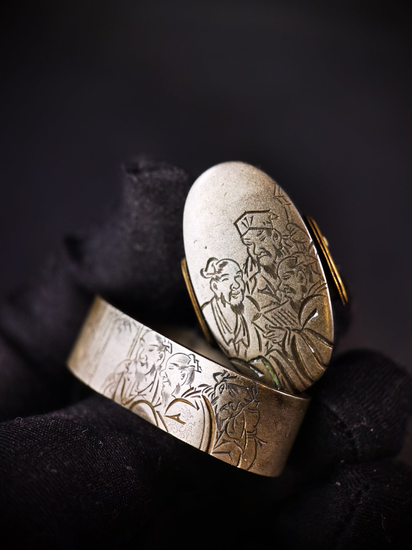 Japanese Seven Sages of the Bamboo Grove Fuchi & Kashira for Katana and Wakziashi Edo Period Antique B170