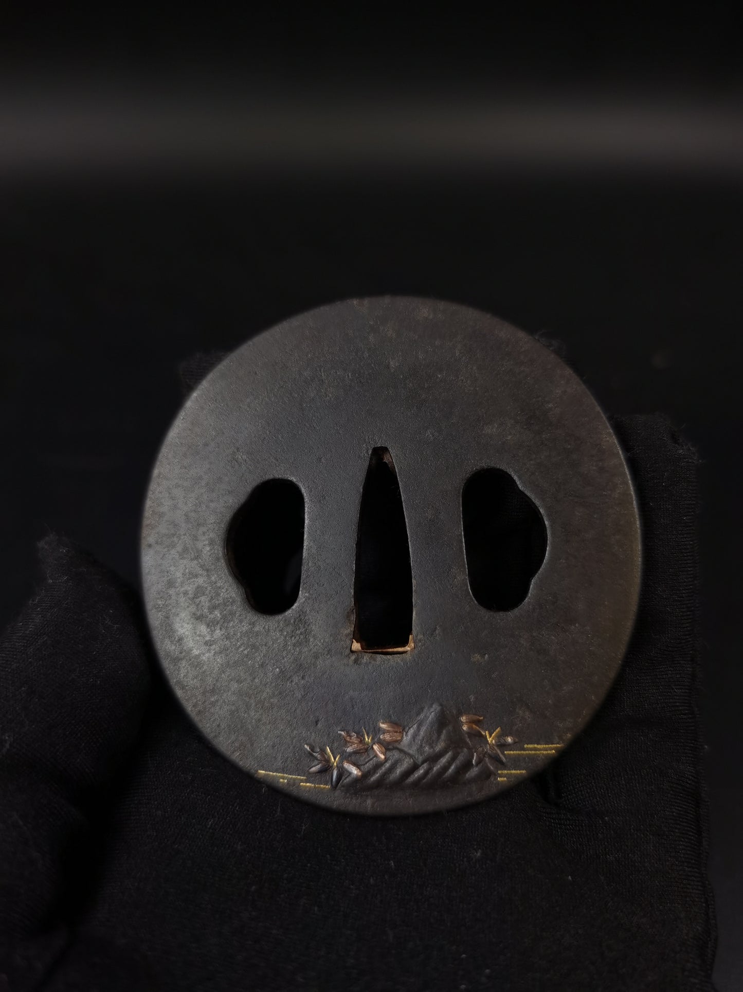 Japanese Yangliu Bank and Waterwheel Pattern Tsuba for Wakzaishi Edo Period Antique A301