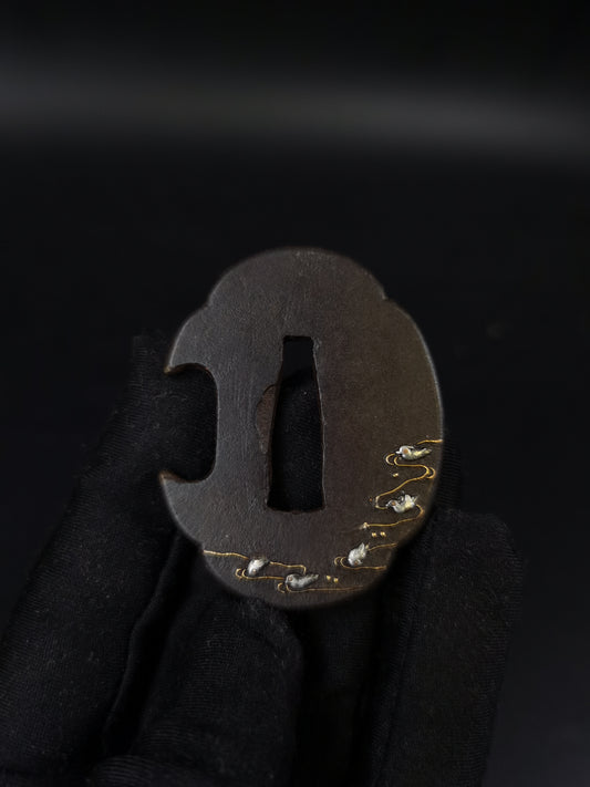 Japanese Flowing Water and Mandarin Ducks Pattern Tsuba for Tanto Edo Period Antique A302