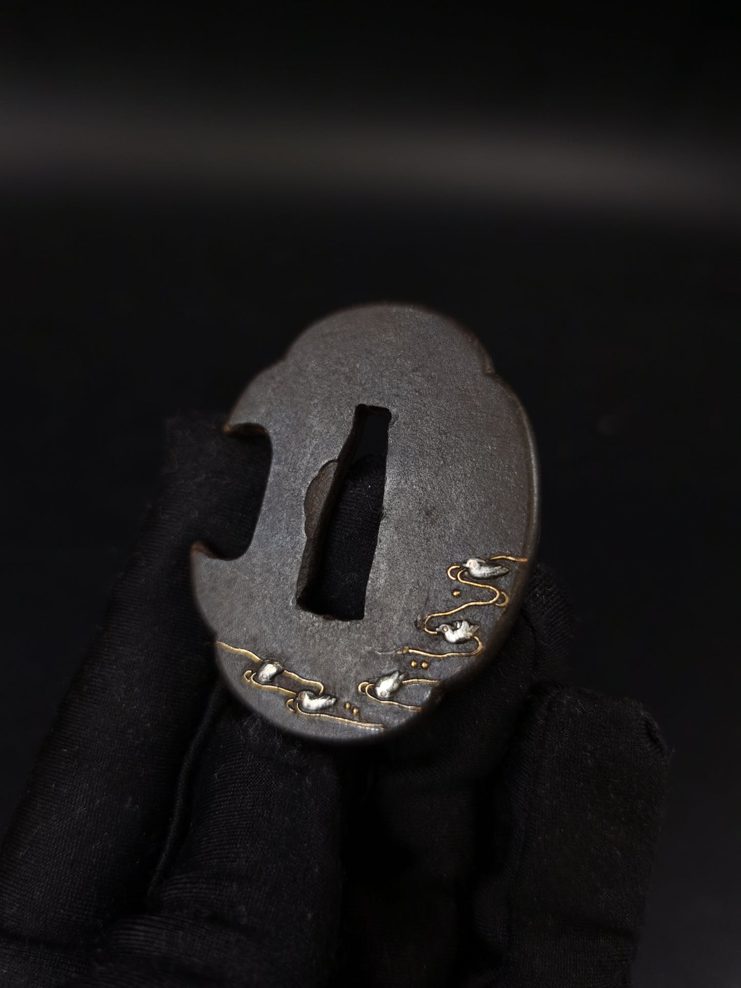 Japanese Flowing Water and Mandarin Ducks Pattern Tsuba for Tanto Edo Period Antique A302