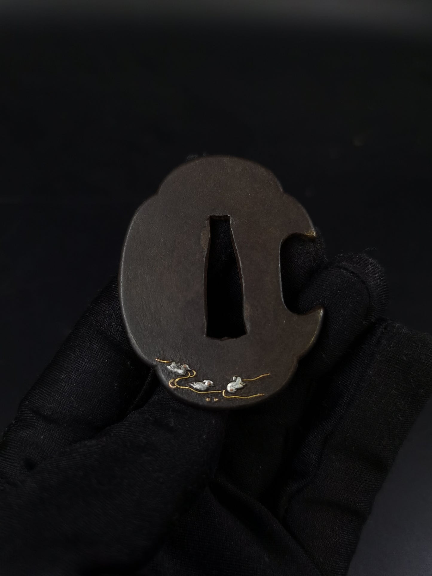 Japanese Flowing Water and Mandarin Ducks Pattern Tsuba for Tanto Edo Period Antique A302