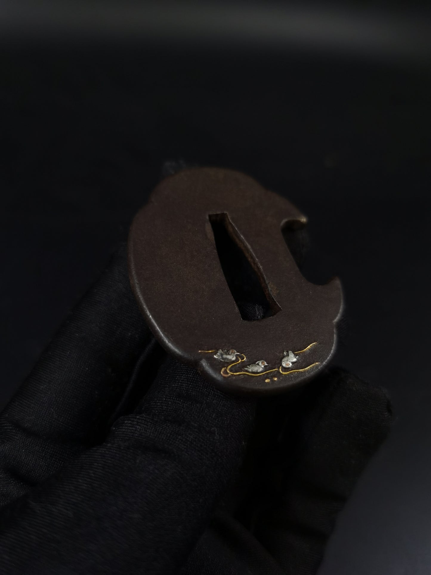 Japanese Flowing Water and Mandarin Ducks Pattern Tsuba for Tanto Edo Period Antique A302