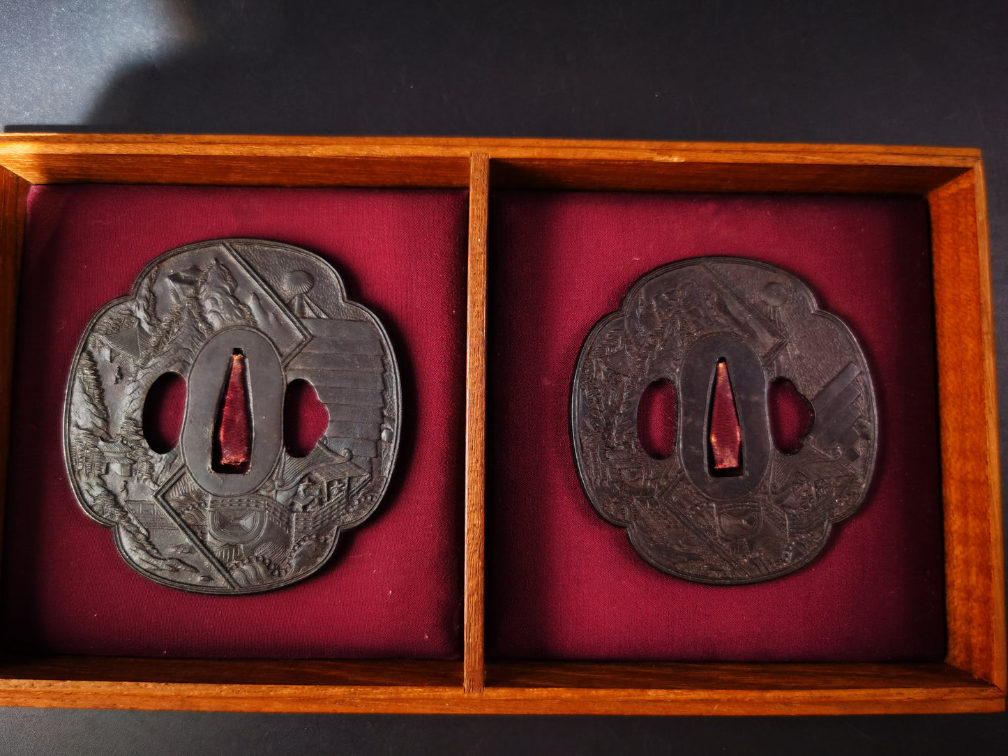 Japanese Tang Dynasty ships and landscapes  large and small Tsuba for Katana and Wakziashi Edo Period Antique A303