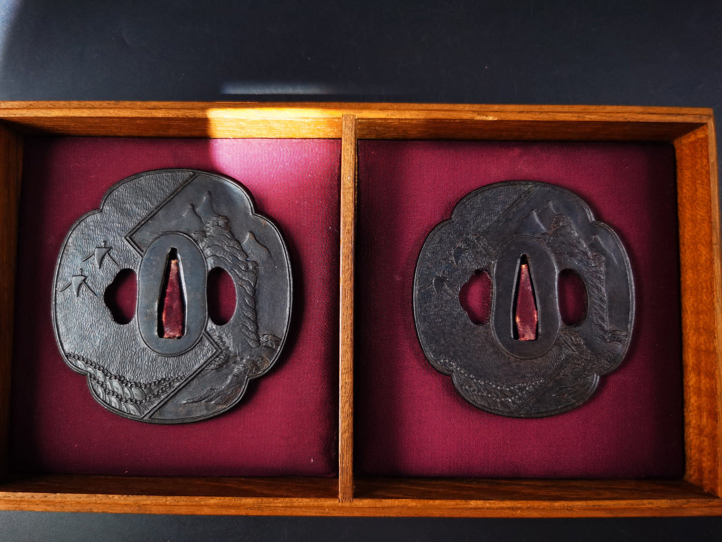 Japanese Tang Dynasty ships and landscapes  large and small Tsuba for Katana and Wakziashi Edo Period Antique A303