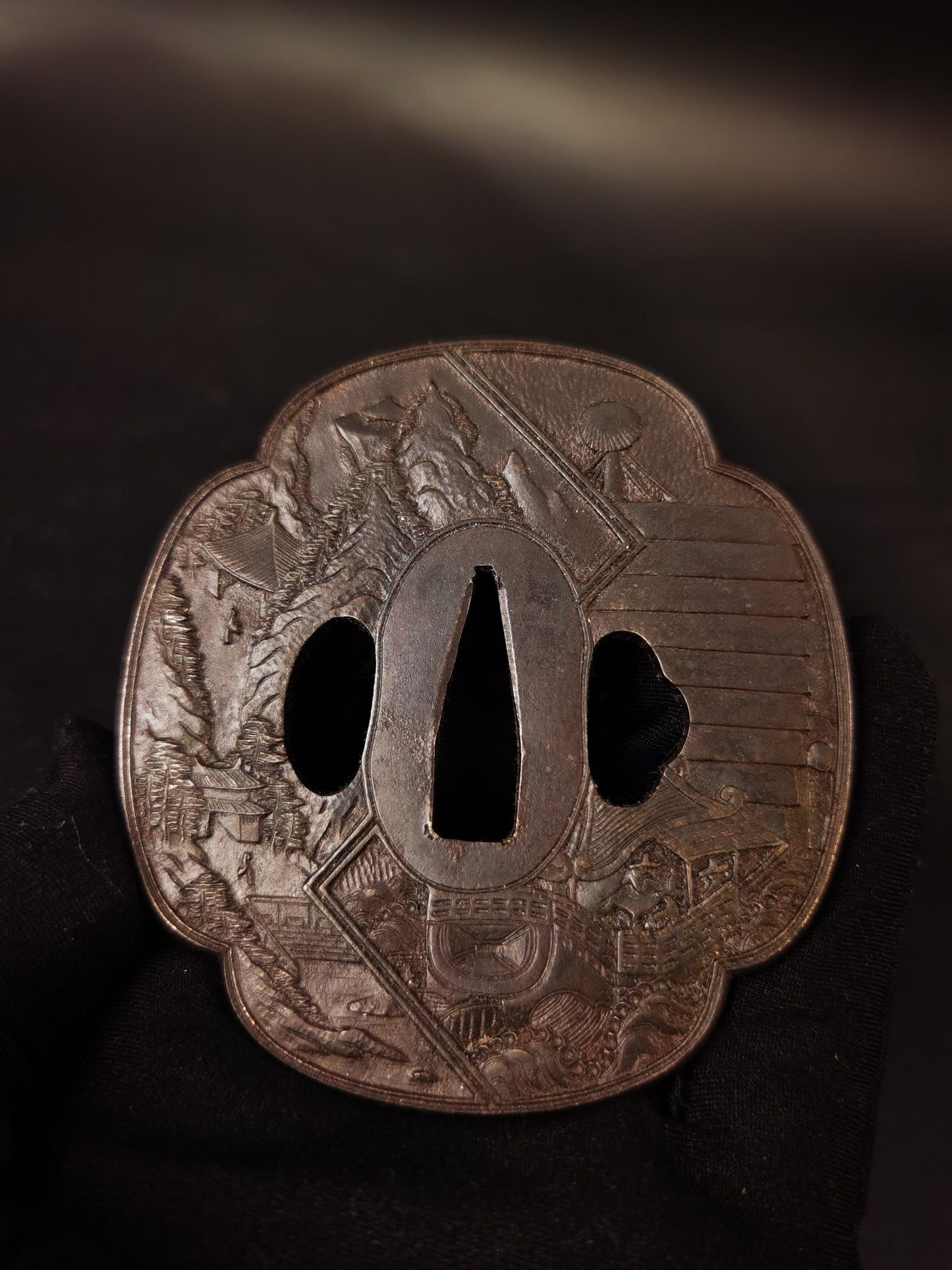 Japanese Tang Dynasty ships and landscapes  large and small Tsuba for Katana and Wakziashi Edo Period Antique A303
