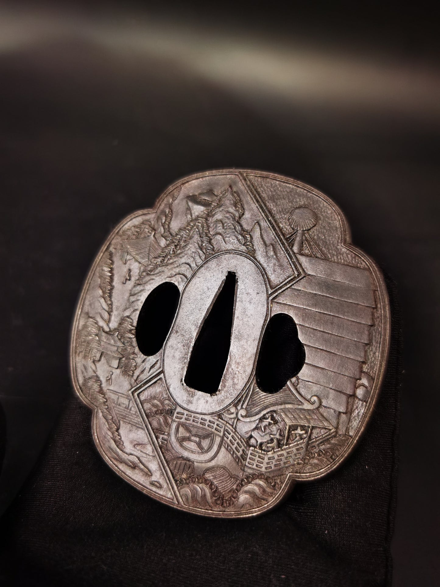 Japanese Tang Dynasty ships and landscapes  large and small Tsuba for Katana and Wakziashi Edo Period Antique A303