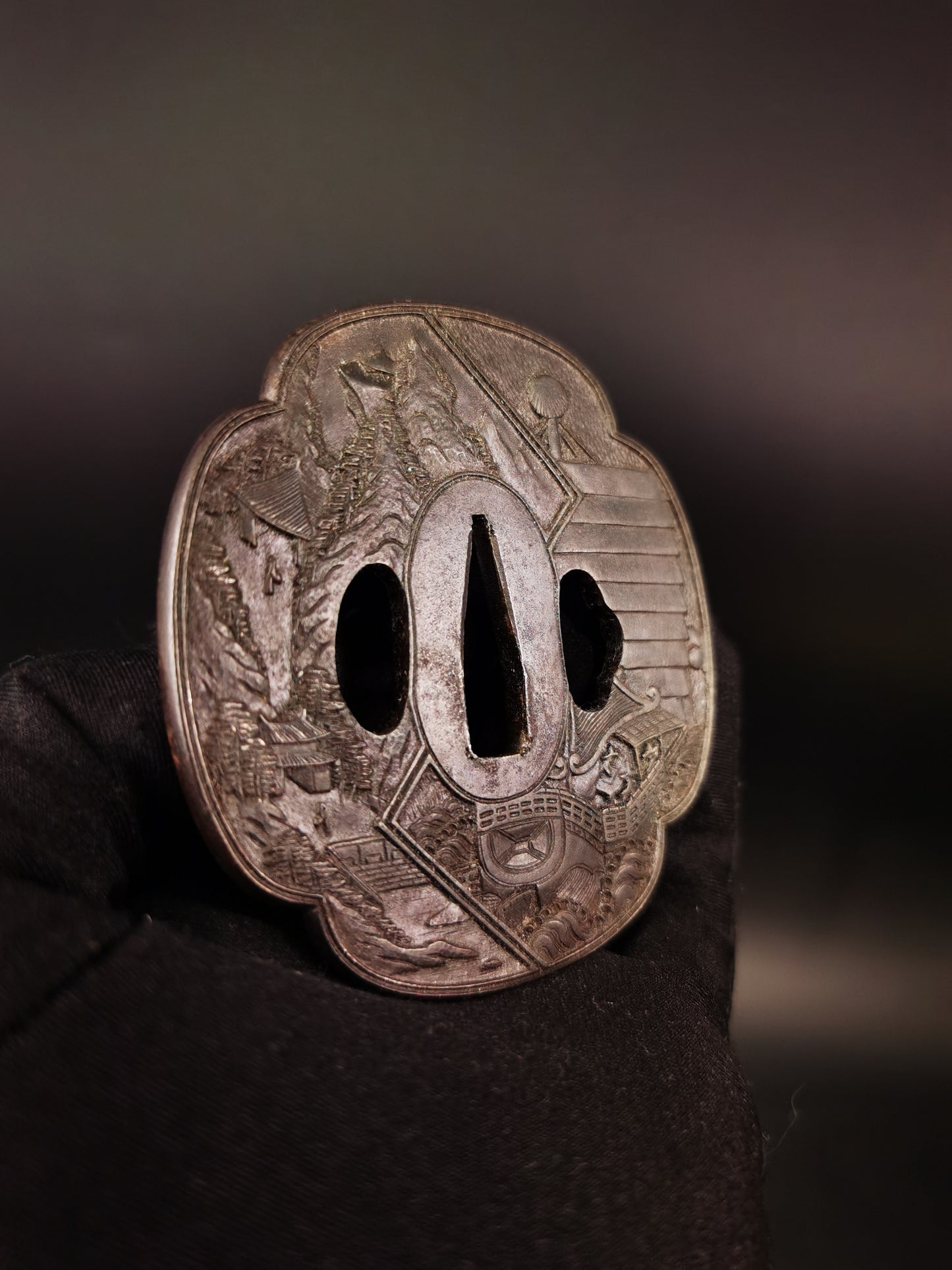 Japanese Tang Dynasty ships and landscapes  large and small Tsuba for Katana and Wakziashi Edo Period Antique A303