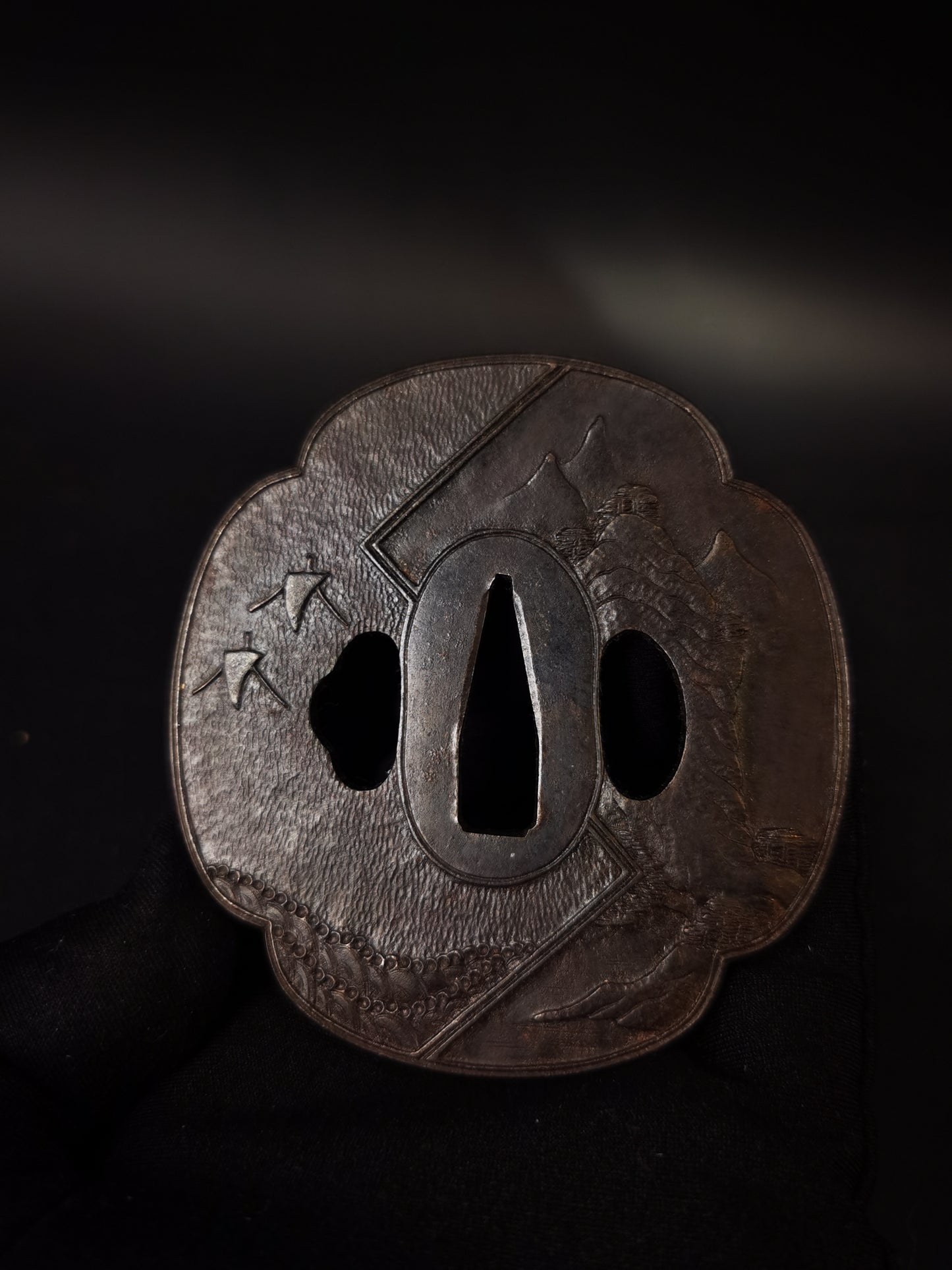 Japanese Tang Dynasty ships and landscapes  large and small Tsuba for Katana and Wakziashi Edo Period Antique A303