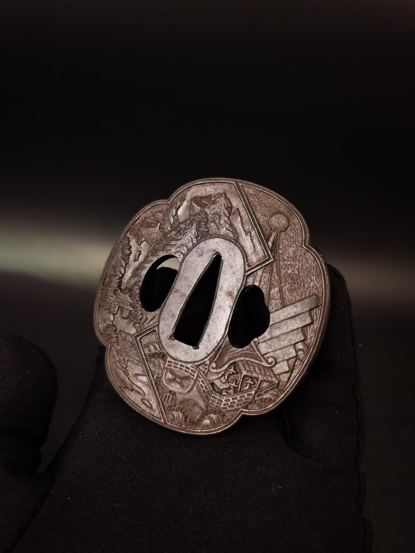 Japanese Tang Dynasty ships and landscapes  large and small Tsuba for Katana and Wakziashi Edo Period Antique A303