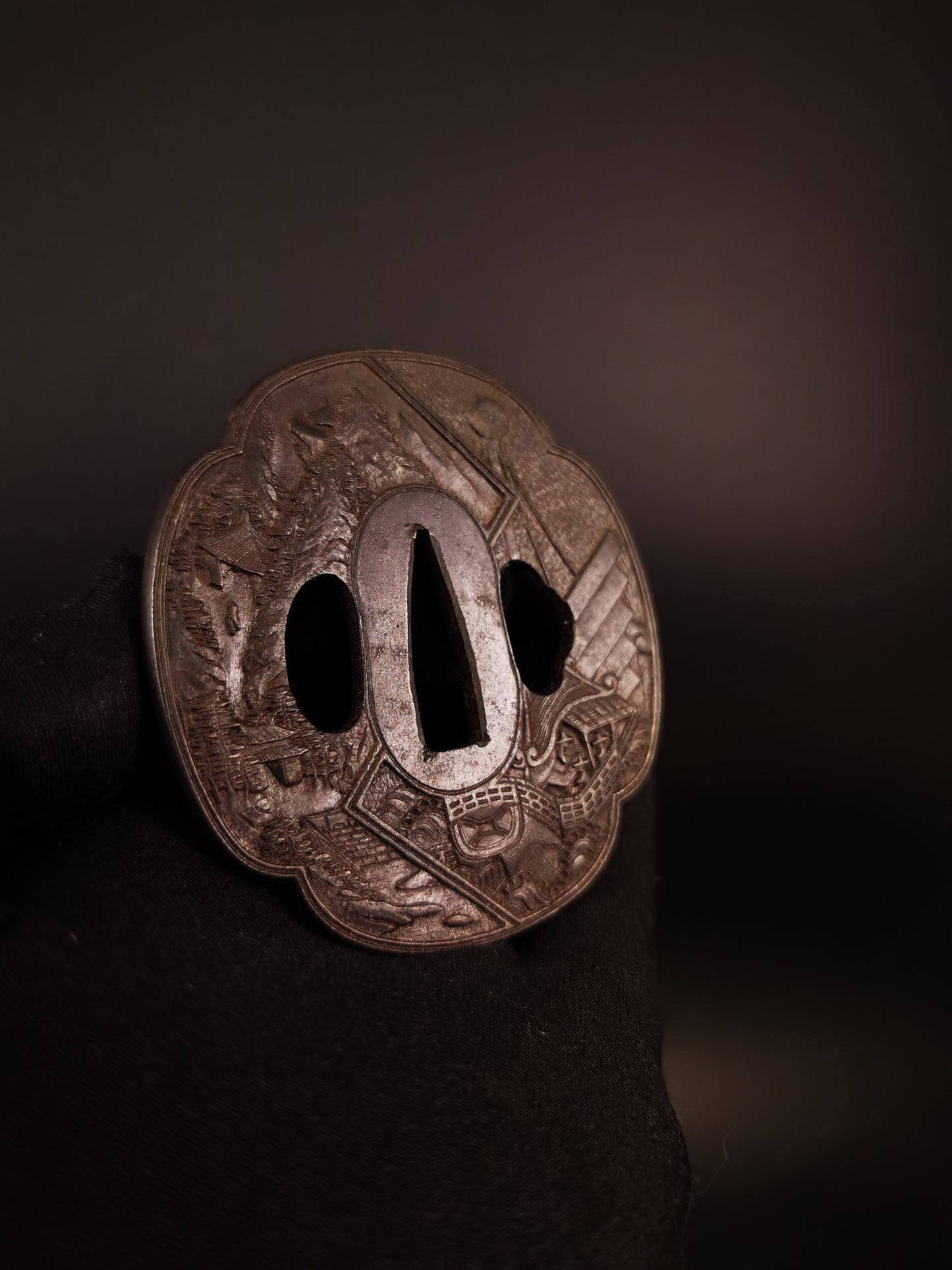 Japanese Tang Dynasty ships and landscapes  large and small Tsuba for Katana and Wakziashi Edo Period Antique A303