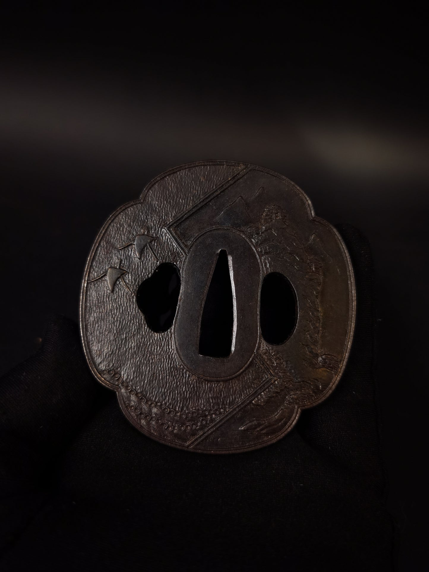 Japanese Tang Dynasty ships and landscapes  large and small Tsuba for Katana and Wakziashi Edo Period Antique A303