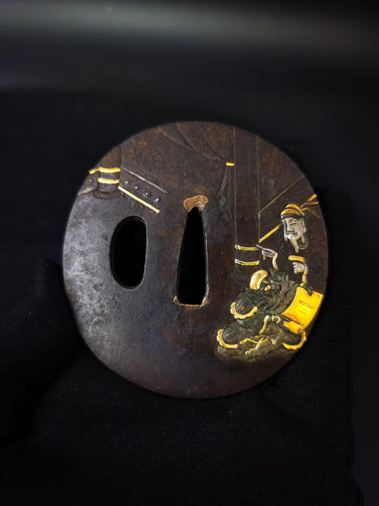 Japanese Zhang Liang and Fan Kuai Pattern Tsuba for Wakziashi Edo Period Antique A306