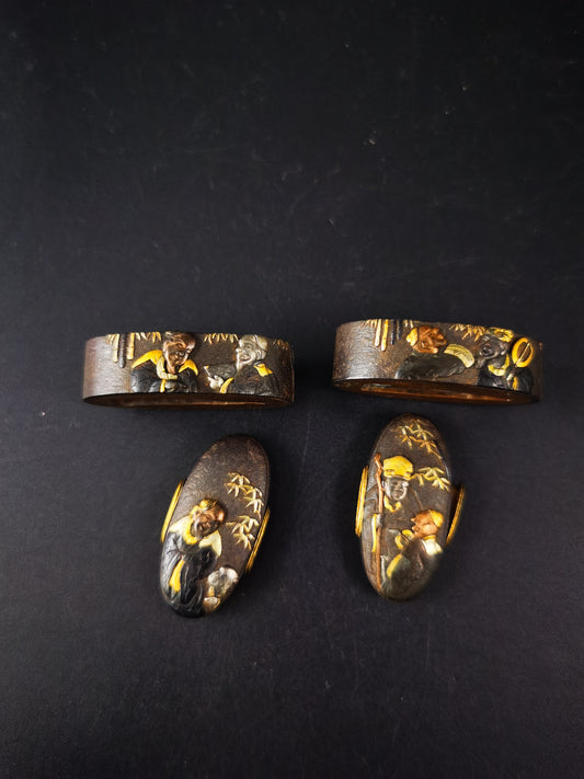 Japanese The Seven Sages of the Bamboo Grove Fuchi & Kashira for Katana and Wakziashi Edo Period Antique B173