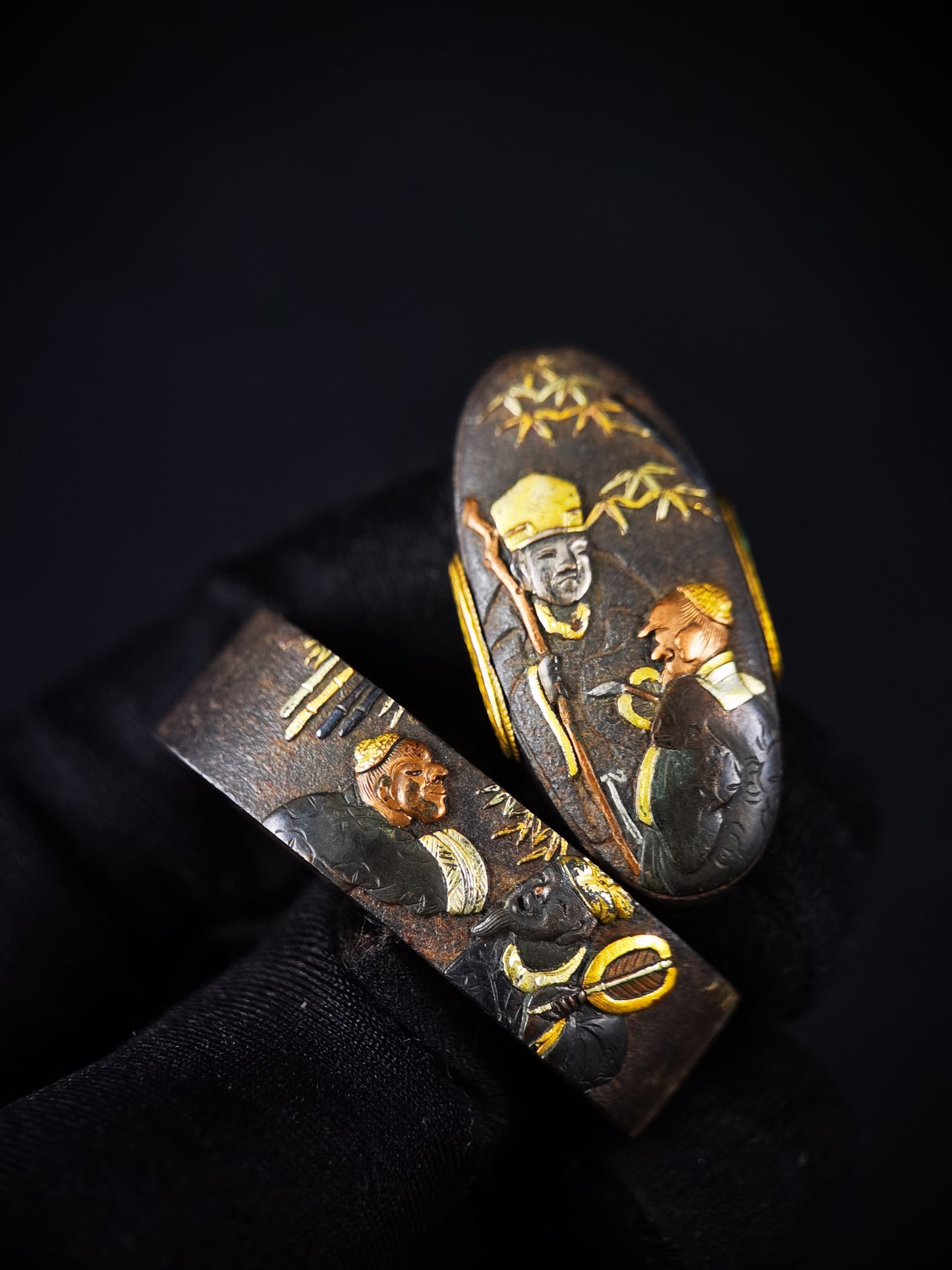 Japanese The Seven Sages of the Bamboo Grove Fuchi & Kashira for Katana and Wakziashi Edo Period Antique B173