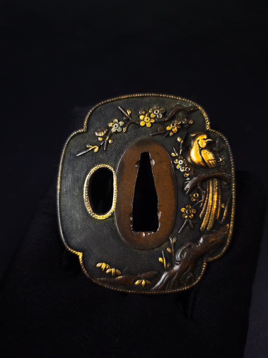 Japanese Phoenix Perching on Ancient Plum Pattern Tsuba for wakziashi and tanto Edo period antique A314