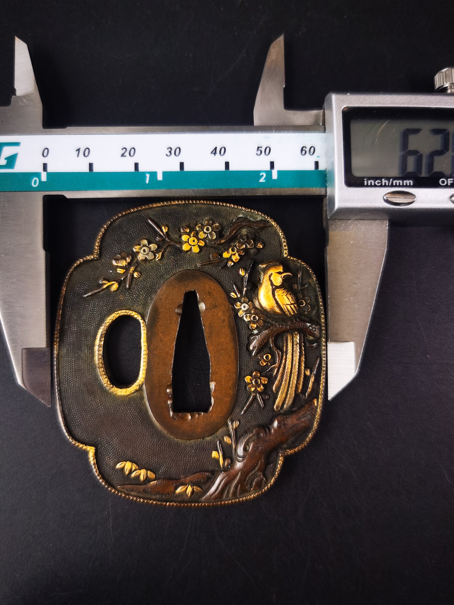 Japanese Phoenix Perching on Ancient Plum Pattern Tsuba for wakziashi and tanto Edo period antique A314