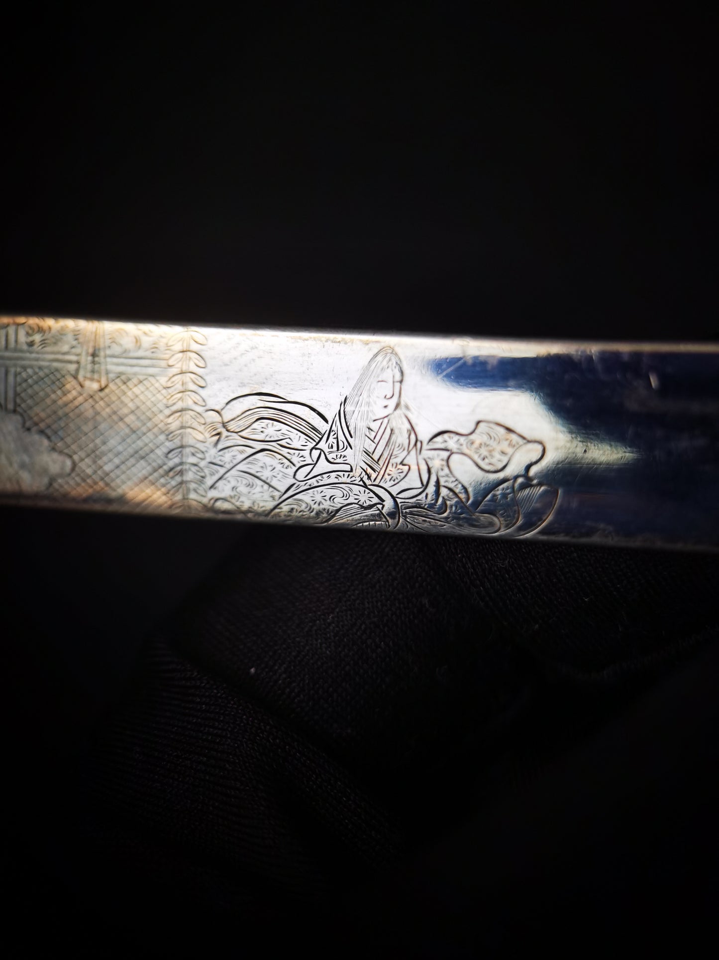 Japanese Pure Silver Six Immortal Poets Pattern Kogai with Kogatana for wakziashi and tanto Edo period antique D139