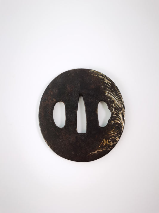 Japanese Reeds and Bell Cricket Patterm Tsuba for Wakziashi Tanto Edo Period Antique A328