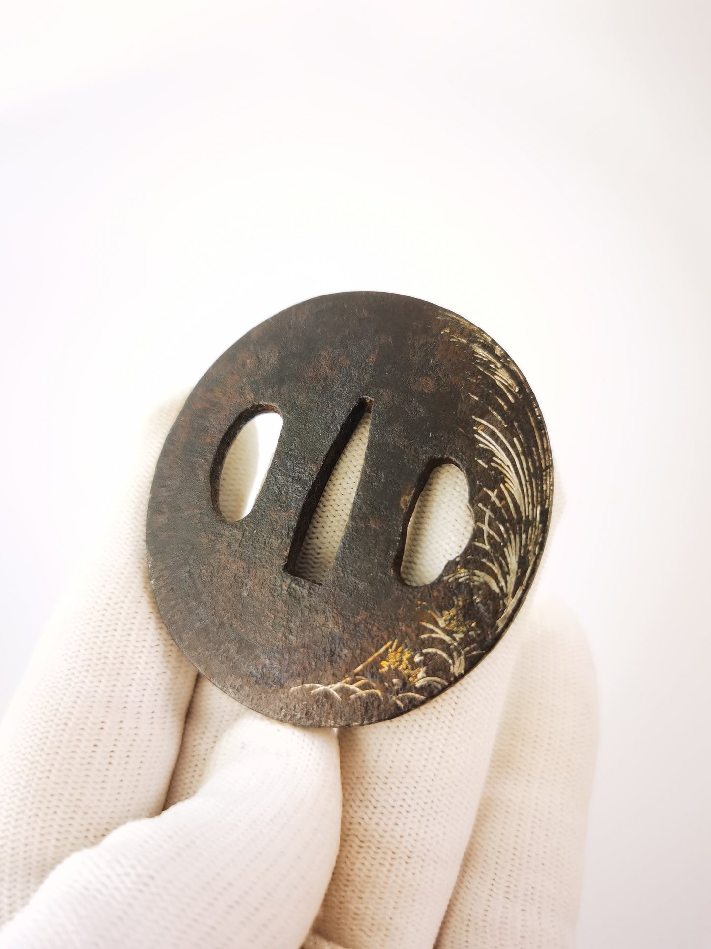 Japanese Reeds and Bell Cricket Patterm Tsuba for Wakziashi Tanto Edo Period Antique A328