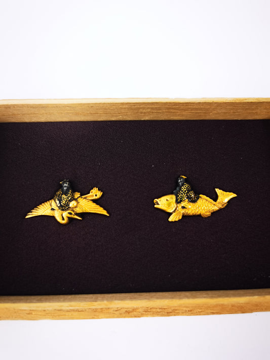 Japanese Fish Immortal & Crane Immortal Pattern Menuki for Wakziashi and Tanto Edo Period Antique C116