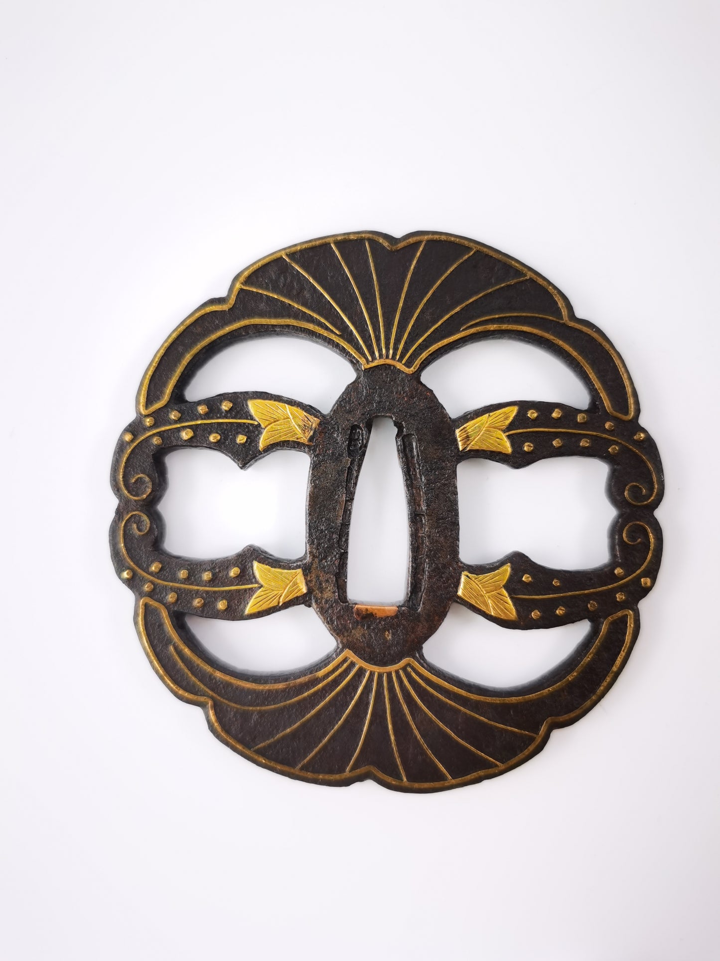 Japanese Ginkgo leaf & flora Pattern Tsuba for  Katana Edo Period Antique A340