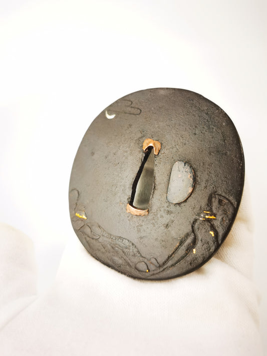Japanese Crescent Moon Over Mountains & Sea Tsuba for  Katana Edo Period Antique A344