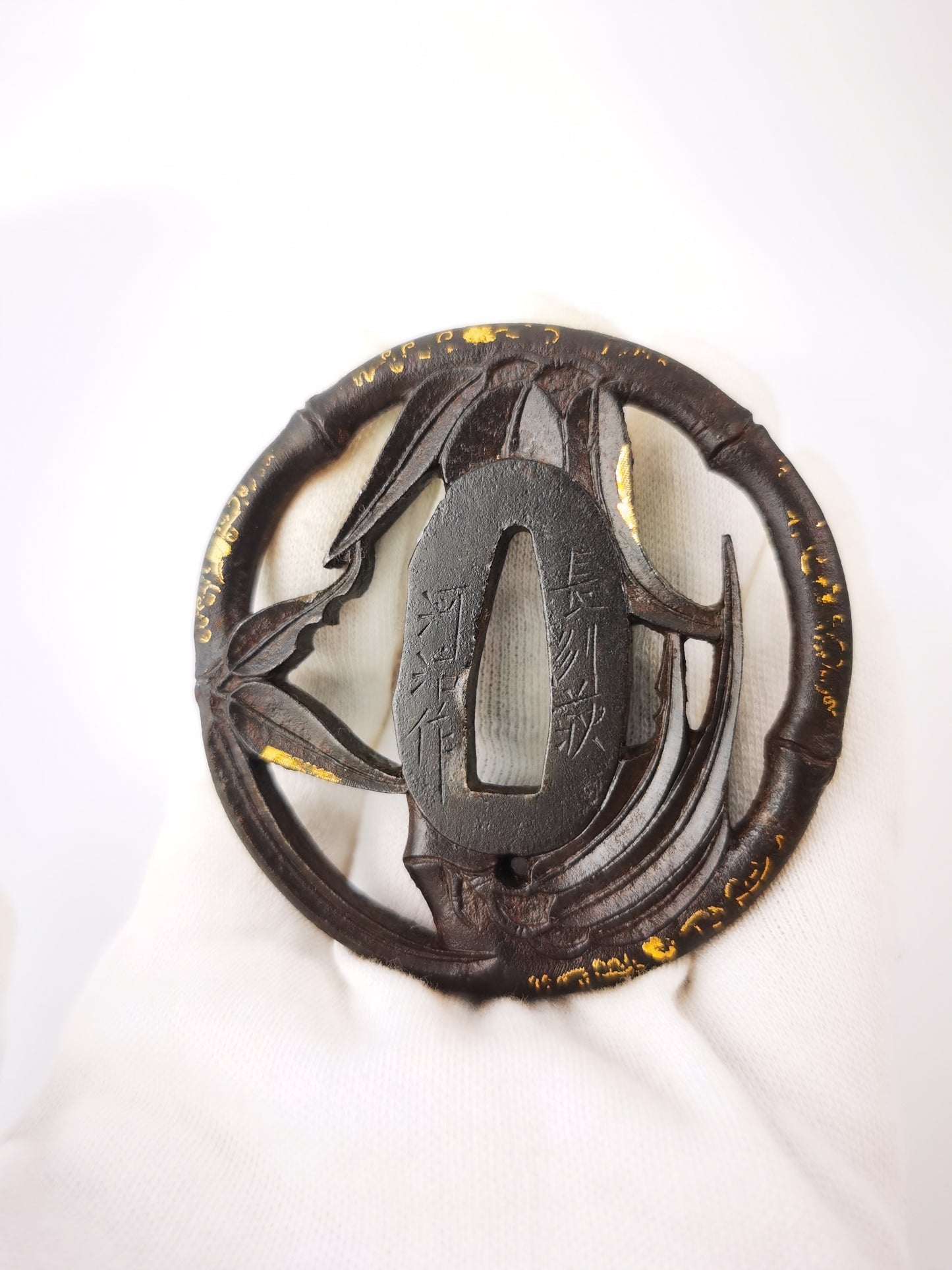 Japanese Signed Bamboo Pattern Tsuba for  Wakziashi Edo Period Antique A339