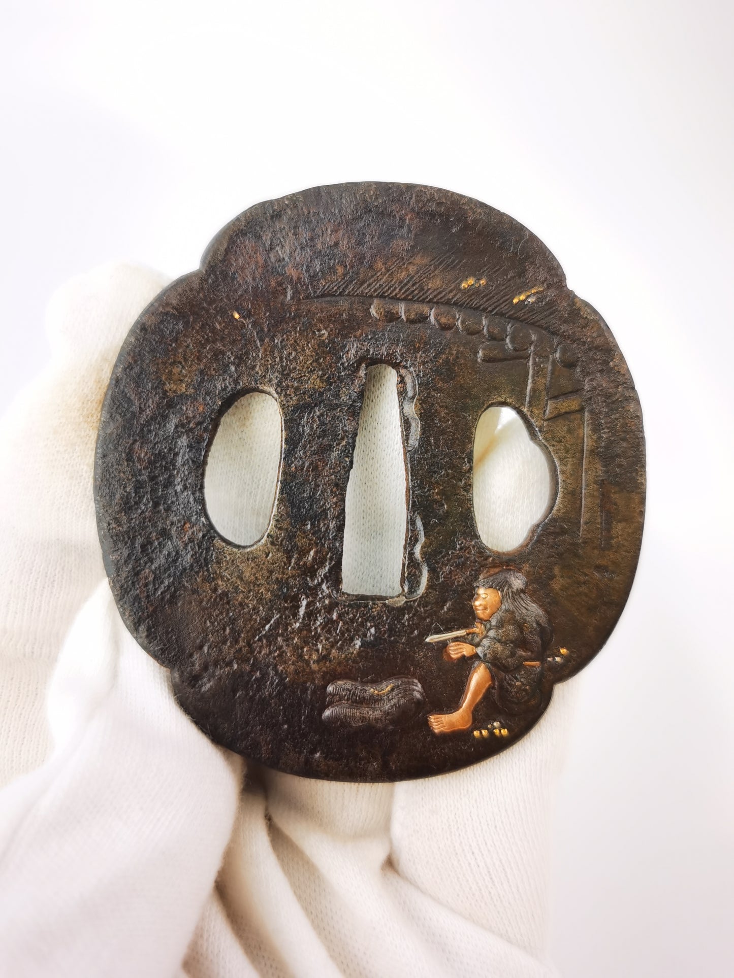 Japanese Antique Bridge & Figurine Pattern Tsuba for  Wakziashi Edo Period Antique A346