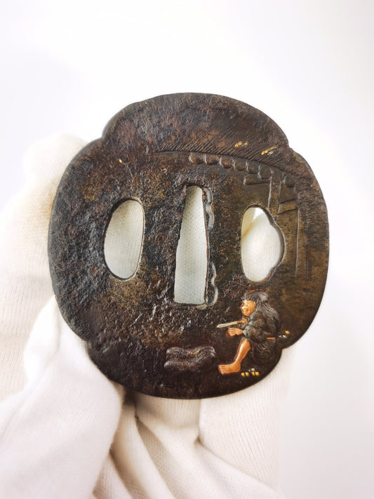 Japanese Antique Bridge & Figurine Pattern Tsuba for  Wakziashi Edo Period Antique A346