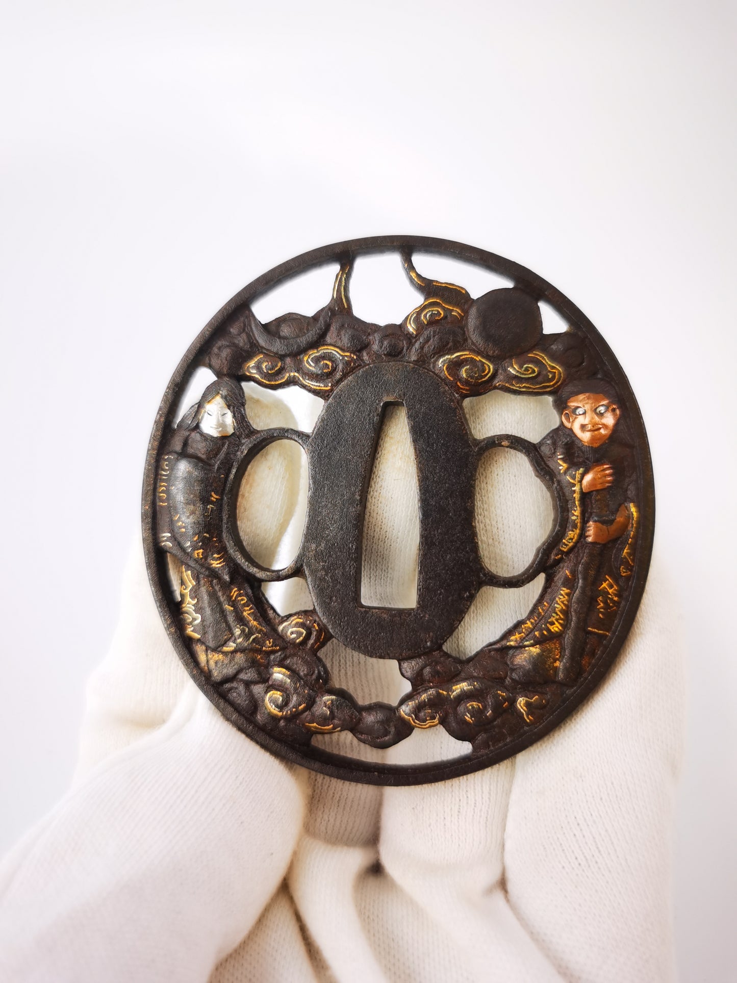 Japanese Amaterasu & Susanoo Pattern Tsuba for Wakziashi Edo Period Antique A349