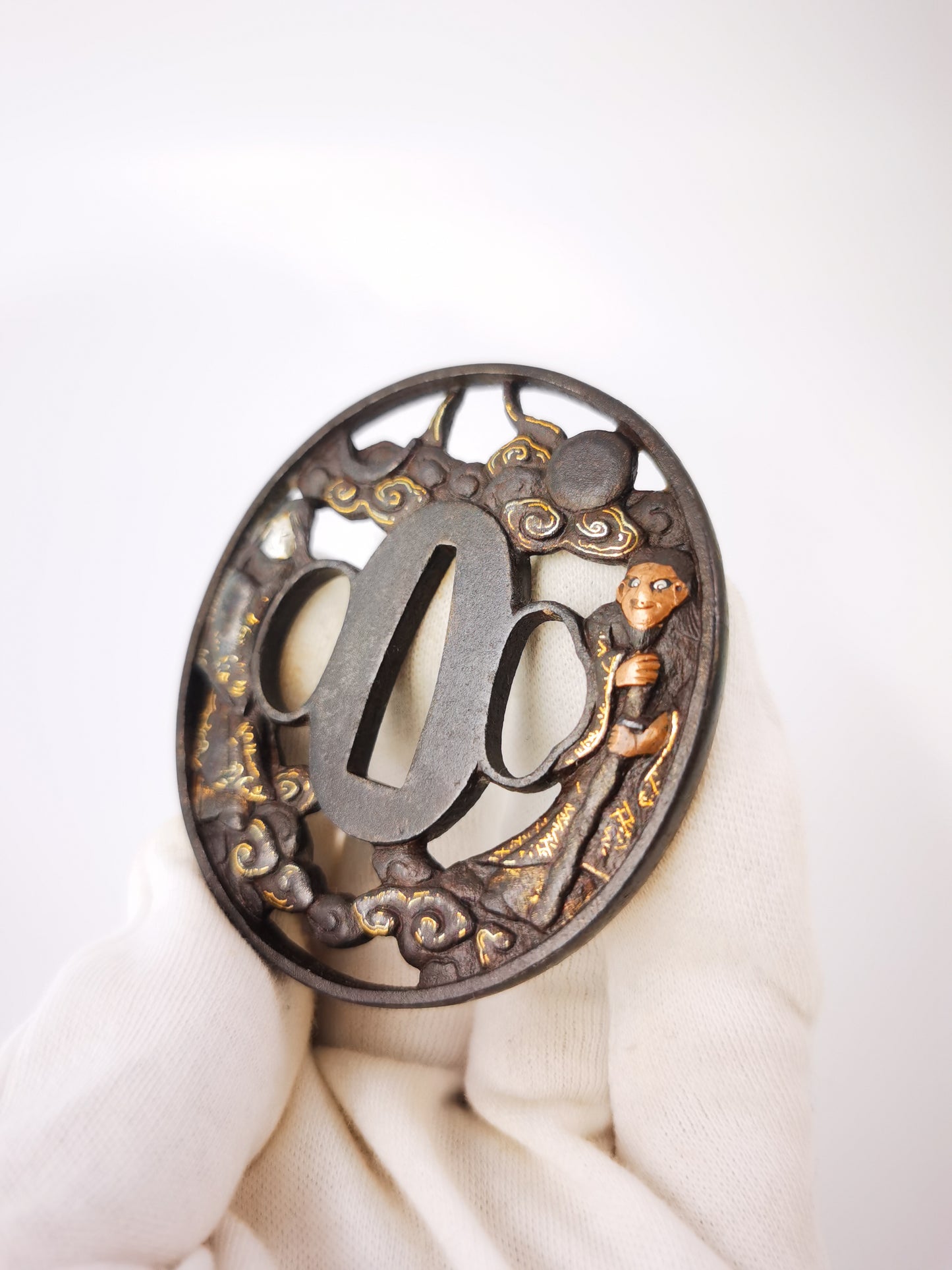 Japanese Amaterasu & Susanoo Pattern Tsuba for Wakziashi Edo Period Antique A349
