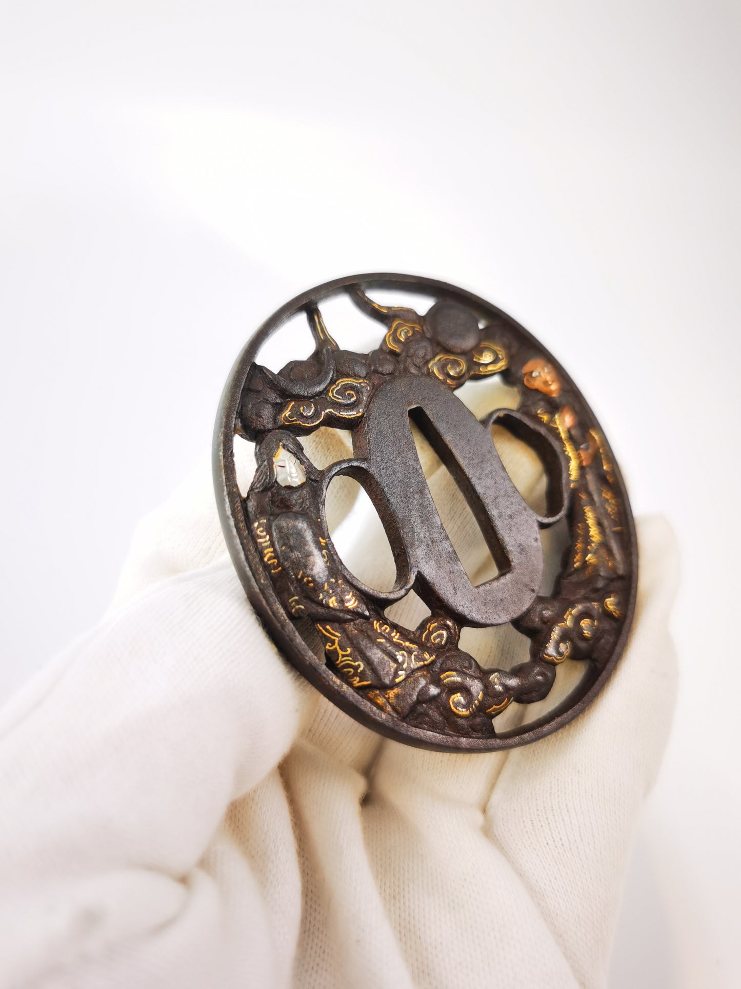 Japanese Amaterasu & Susanoo Pattern Tsuba for Wakziashi Edo Period Antique A349