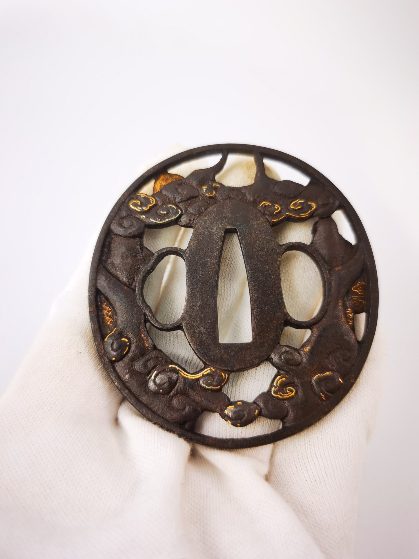 Japanese Amaterasu & Susanoo Pattern Tsuba for Wakziashi Edo Period Antique A349