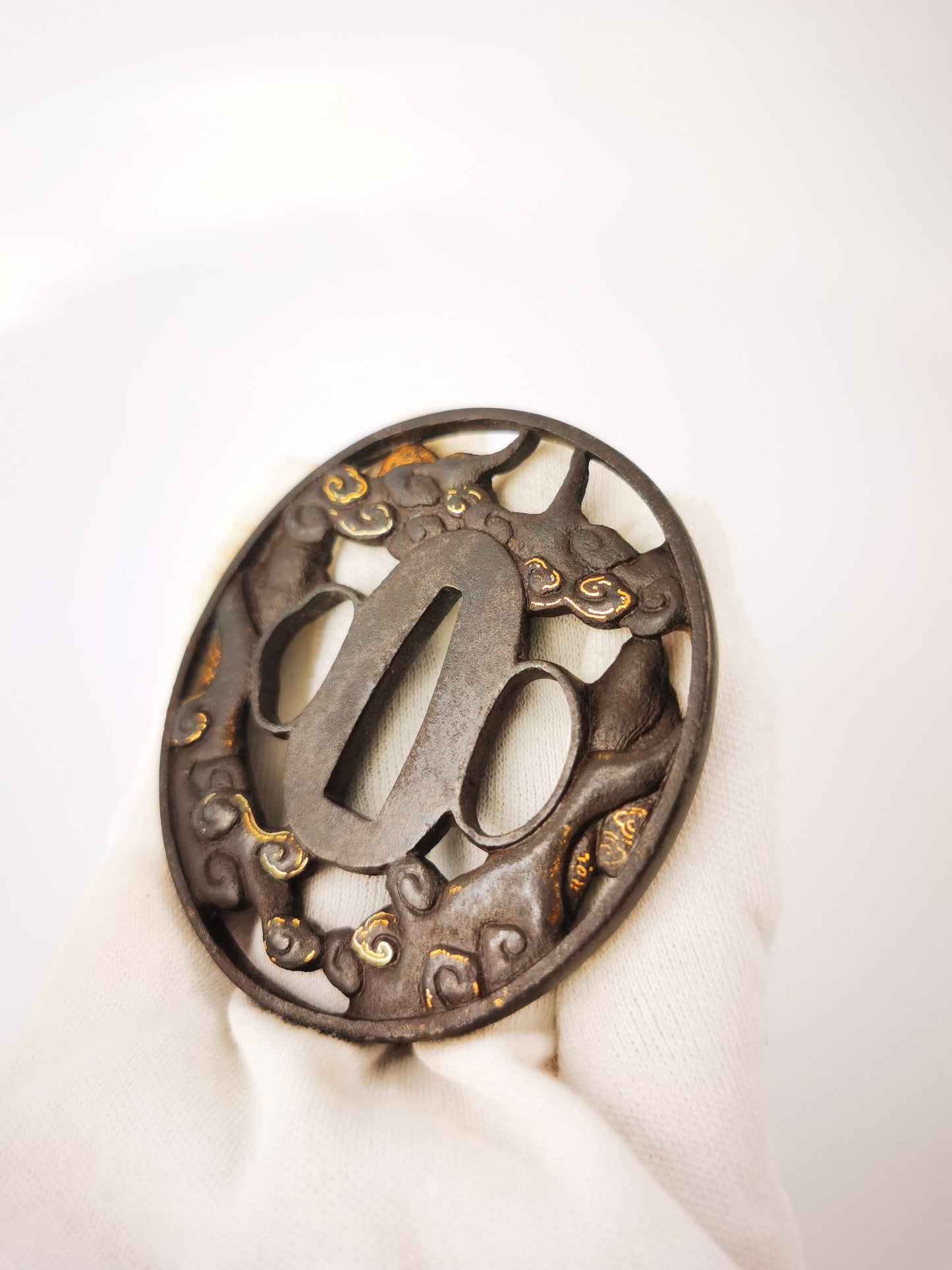 Japanese Amaterasu & Susanoo Pattern Tsuba for Wakziashi Edo Period Antique A349