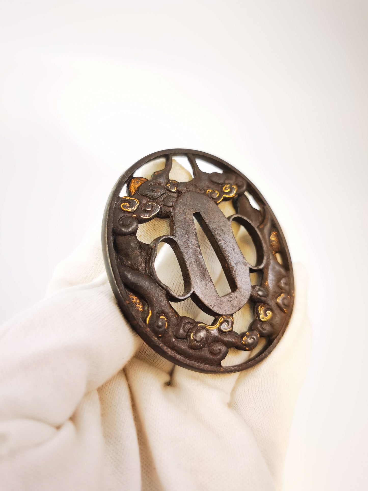 Japanese Amaterasu & Susanoo Pattern Tsuba for Wakziashi Edo Period Antique A349