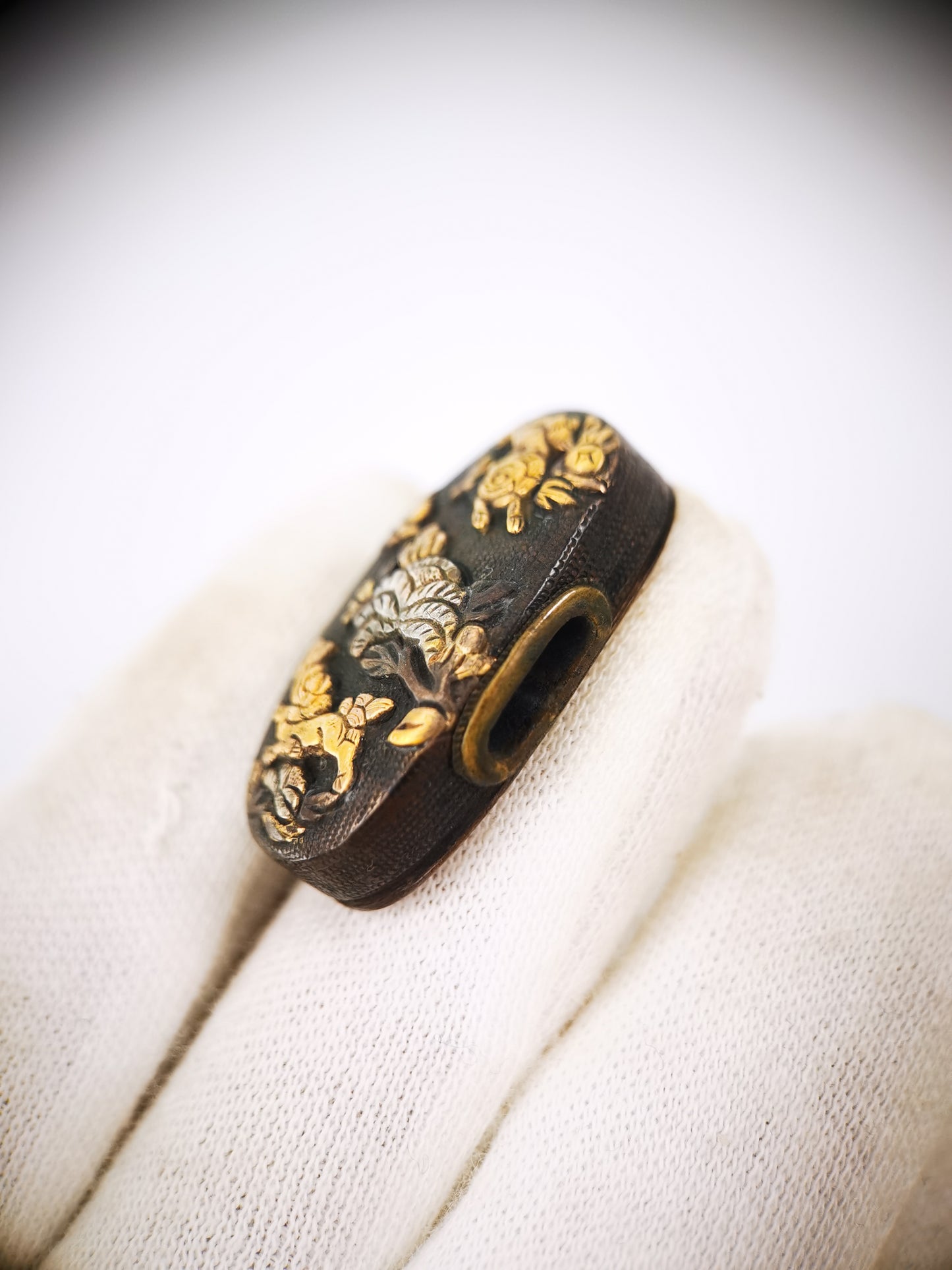 Japanese Lion Dog and Peony Pattern Fuchi and Kashira for Wakziashi Edo Period Antique B178