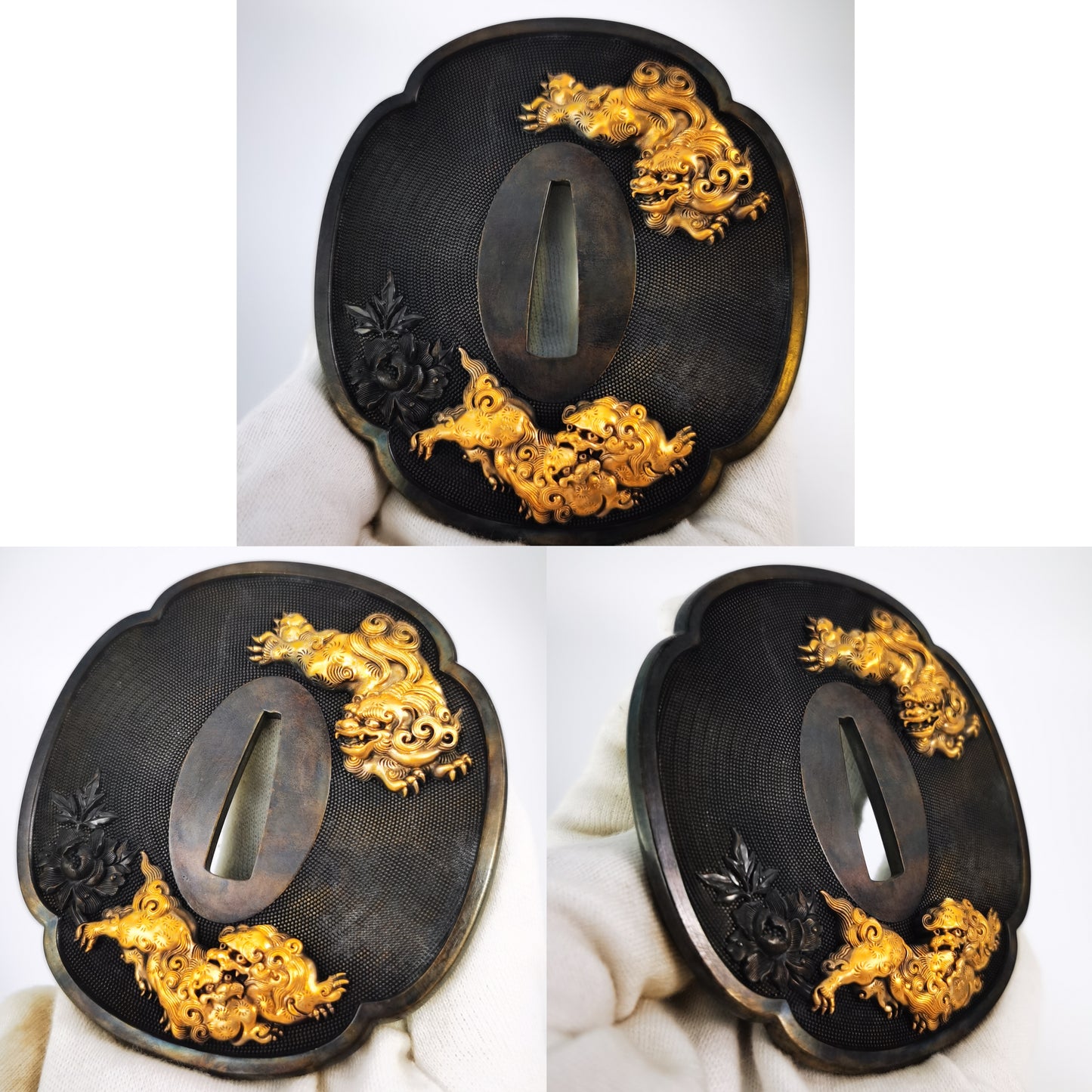 Japanese Lion Dog and Peony Pattern Tsuba F&K Menuki set for Katana, Y190