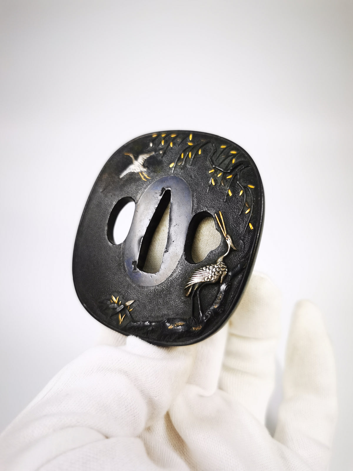 Japanese Sword Fitting Heron Pattern 5-Piece Set for Wakizashi and Tanto Edo Period Antique E015